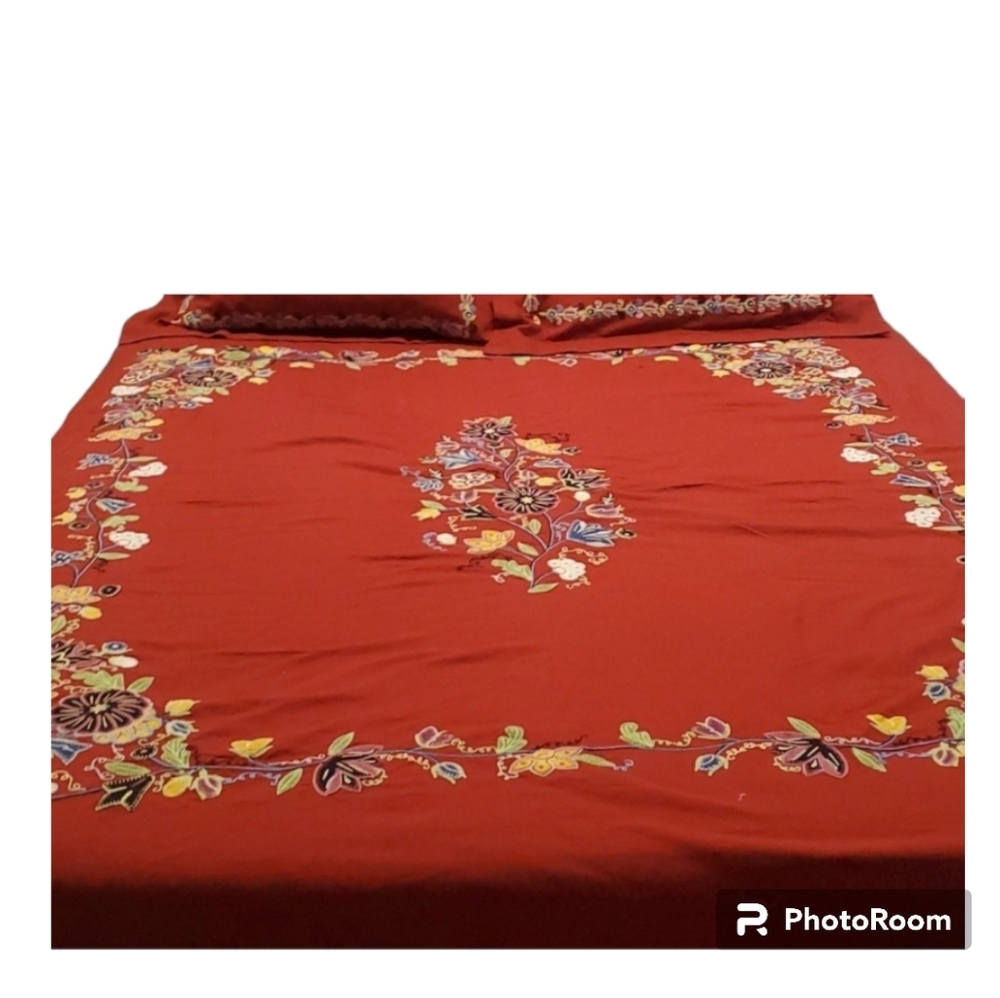 FREE SHIPPING 📬 RARE 🦄 Vintage Linen Crewel Embroidered Queen Duvet Cover